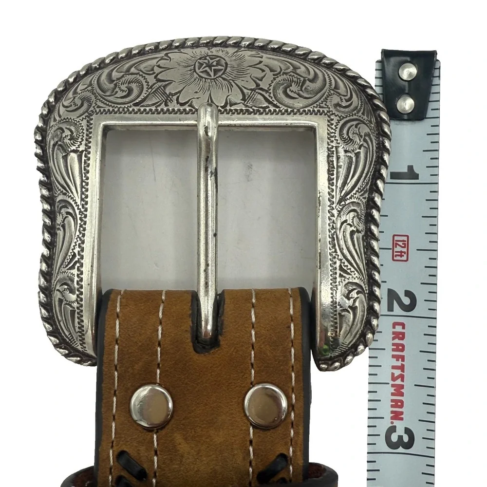 Nocona Western Leather Belt Sz 42 Brown Braided Inlay Cowboy Rodeo Silver Buckle